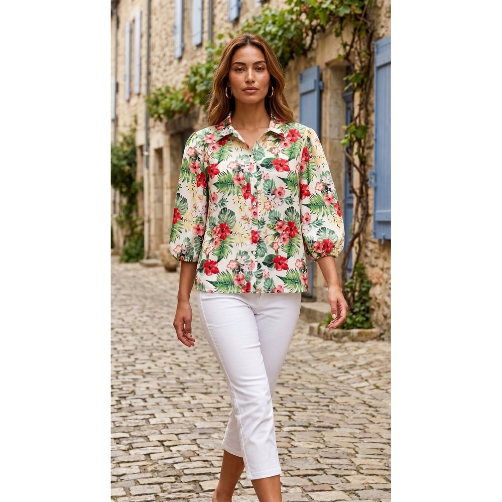 Unknown XL Woman's Red & Green Tropical Hawaiian Floral Collar Button Down